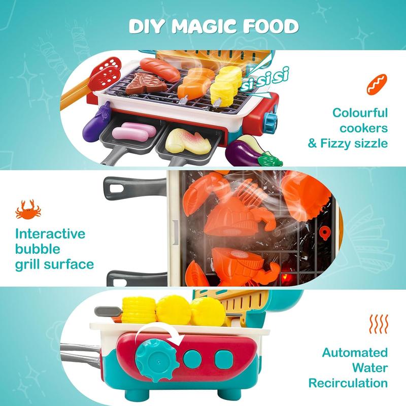 Kids BBQ Grill Toy, Barbecue Kitchen Cooking Playset with Realistic Spray, Light & Sound, Color Changing Play Food & Dishes Toy, cooking  set