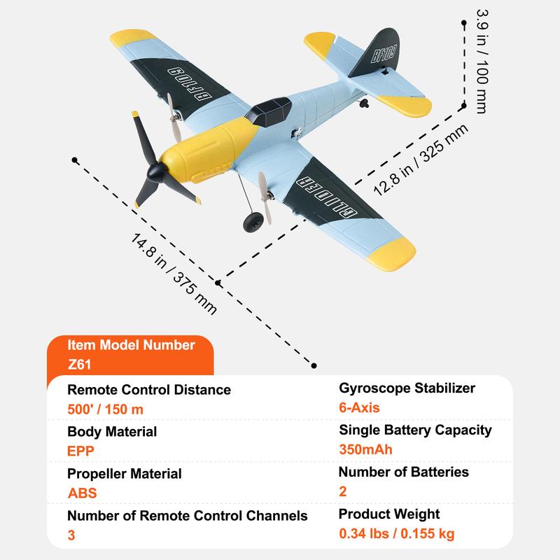 VEVOR RC Plane, 2.4GHZ 3 Channel Remote Control Airplane with 6-Axis Gyro Stabilizer, Ready to Fly Fighter Aircraft Plane Toy with 2 Batteries, Easy to Fly RC Glider for Adults Kids Beginners Boys Christmas gift