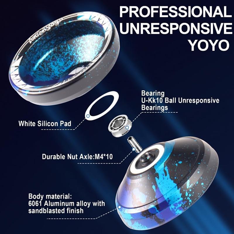 Unresponsive Yoyo LT-01 for Pros and Responsive Yoyos for s Beginners - Replaceable Responsive Bearings, Gloves, User Instructions and 5 yoyo Strings (Blue Black)