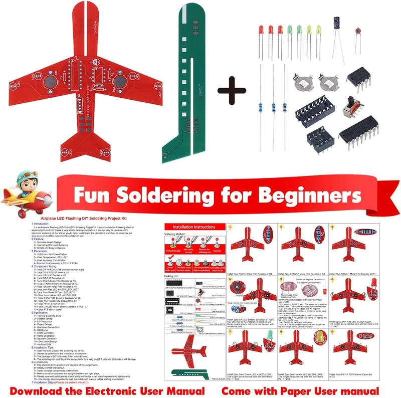 Learning Soldering DIY Airplane Kit for Beginners Icstation , 3 Color LED Flashing Lights Airplane Soldering Project Kit for High School Student Soldering Practice STEM Education Father's Day Gift