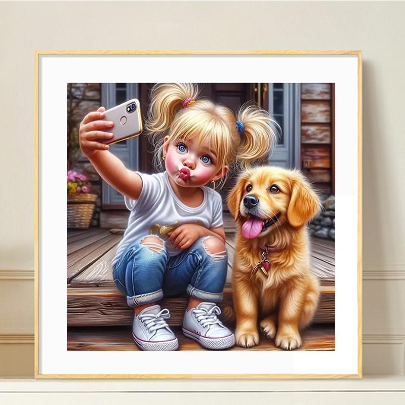 Figure & Dog Pattern Diamond Arts Colorful Painting Kit without Frame, 5D Diamond Arts Crafts with Tools, DIY Wall Art Decorations for Living Room Bedroom