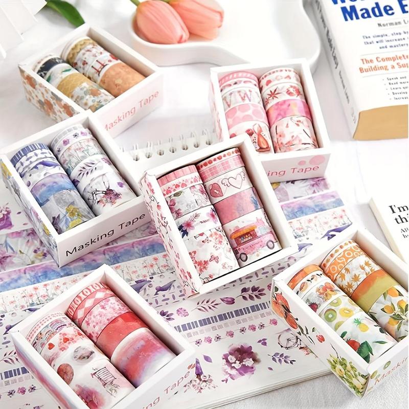 Washi Tape Set, 10 Rolls box Random Color Cute Illustrations Pattern Washi Tape, DIY Decorative Tape for Scrapbooking, Journaling, Gift Wrapping, Christmas Gift