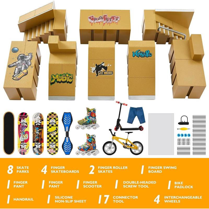 Finger Skateboard Ramp 20 PCS Set - Fingerboard Skate Park Kit, Mini Finger Toy Set with Fingerboards Bike Scooters Mini Short Finger Skateboard Ramp Decks for Kids Birthday Gift