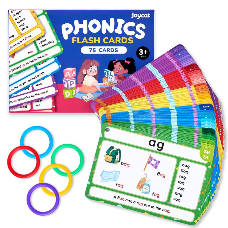 JoyCat 75 Pack Phonics Flash Cards, Learn to Read Alphabet and CVC Words in 25 Stages, Phonics Games Preschool Educational Learning Activities