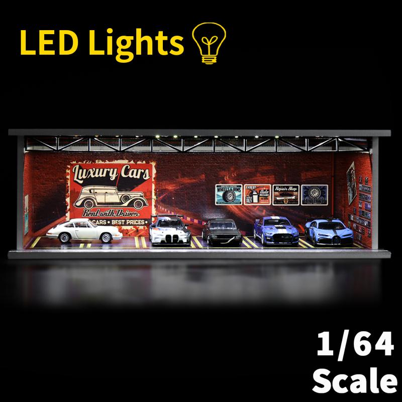 1 64 scale die-cast model car scenarios display case with LED light and Acrylic Cover, Scenes Parking lot diorama storage garage box with 6 Parking Spaces