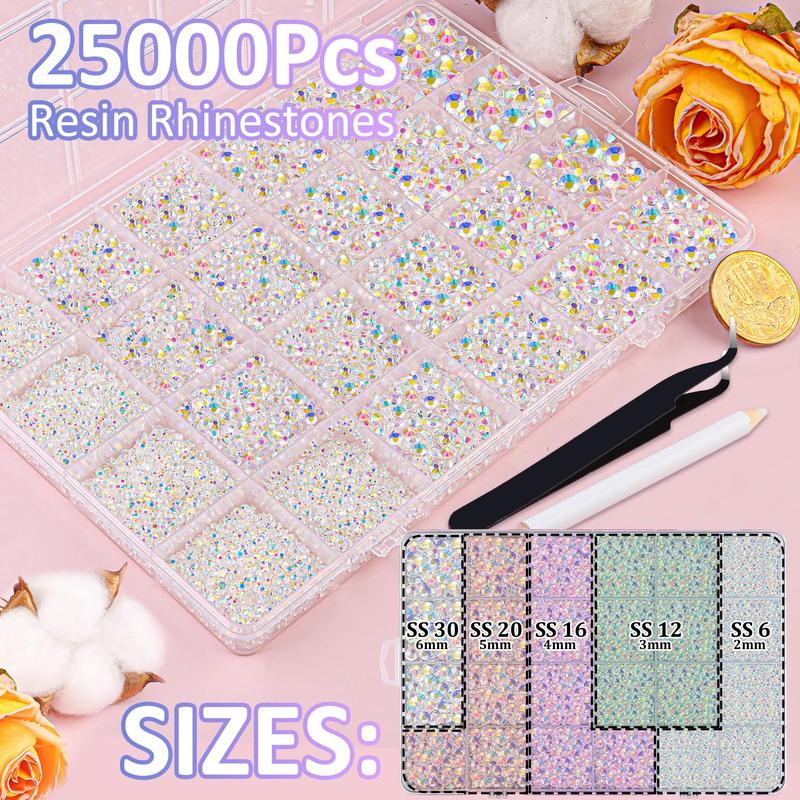 25000Pcs Resin Jelly Rhinestones with Tweezers for Crafting, Transparent AB Non Hotfix Flatback Gems, Bedazzling Crystal with 3Pcs 10ml B7000 Jewelry Glue for DIY Crafts Clothing Tumblers Shoes Fabric, DIY Manicure Materials for Nail Art Decoration