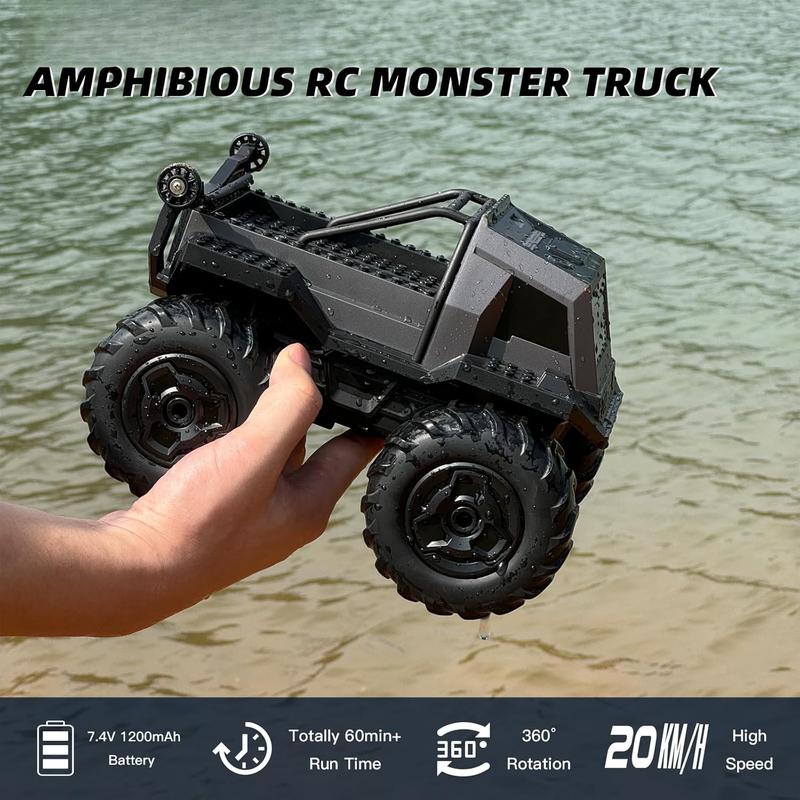 Amphibious Remote Control Car for Kids, 1:16 RC Trucks 4WD Offroad All Terrain,DIY Pick-up Toys Waterproof Monster Truck,60Mins+ Play Time,with Light, Stunt, 360? Spin,RC Cars for Boys Adults