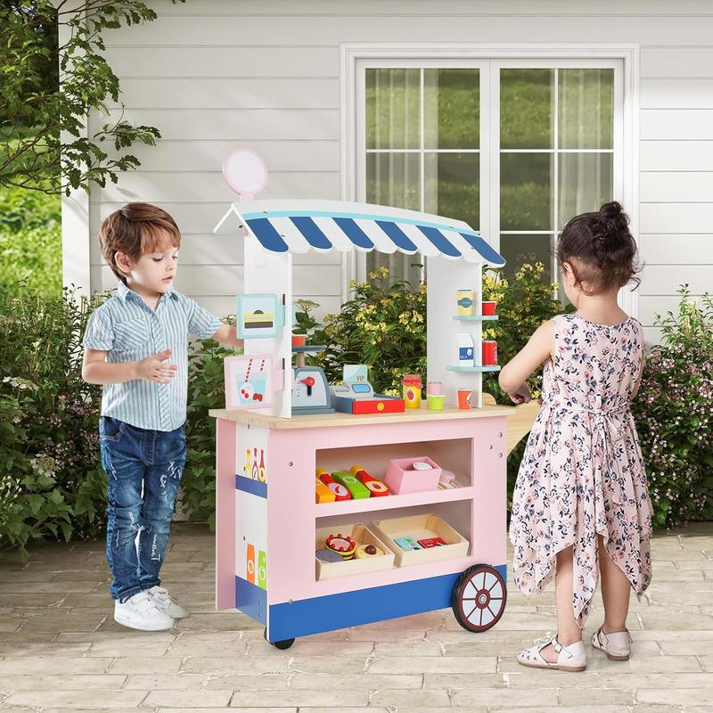 [ShopTab] Festival Joy Kids Grocery Store Playset, Wooden Supermarket Playset w Cash Register & Vending Machine Toy, Checkout Counter Stand, Grocery Store Pretend Play