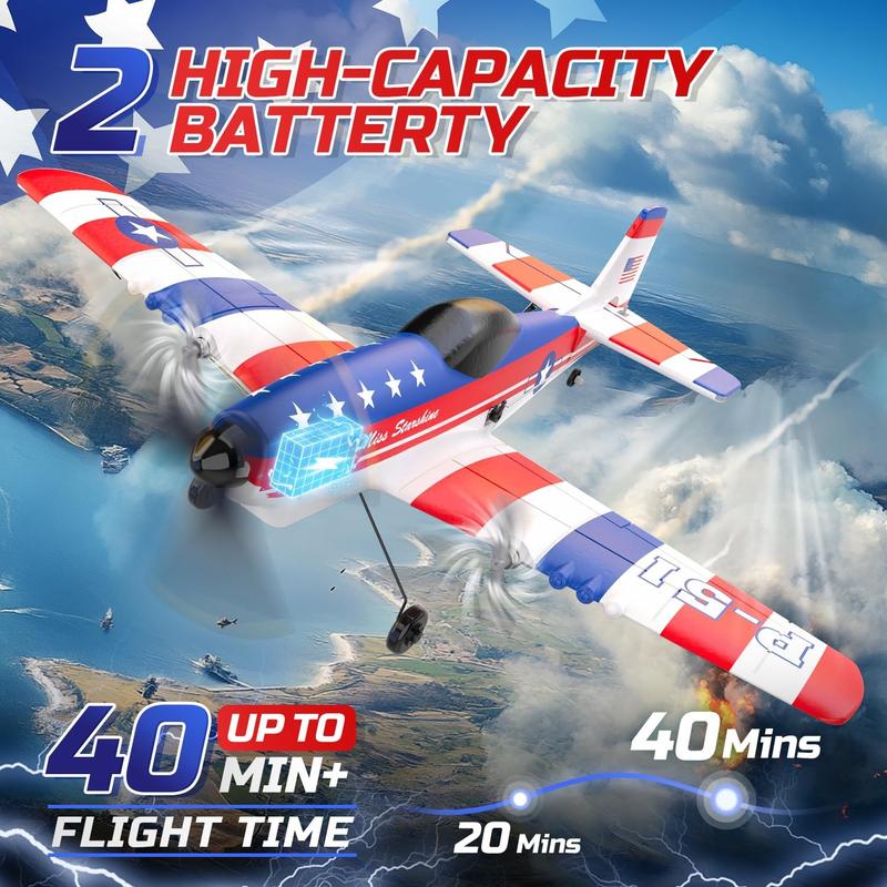 DEERC RC Plane 3 Channel P51D Mustang Remote Control Airplane, 2.4GHz 6-Axis Gyro Stabilizer RTF Glider Aircraft with 2 Batteries, Easy to Fly for Beginners