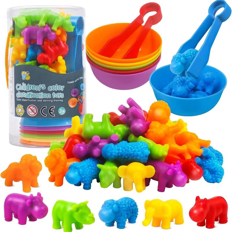 Counting Animal Toys Matching Game with Sorting Bowls, Preschool Learning Activities, Montessori Sensory Fine Motor Toys Set for Math Color Sorting