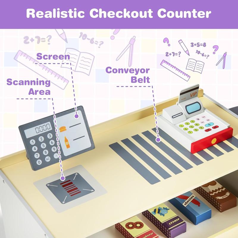 [ShopTab] Festival Joy Kids Grocery Store Playset, Wooden Supermarket Playset w Cash Register & Vending Machine Toy, Checkout Counter Stand, Grocery Store Pretend Play