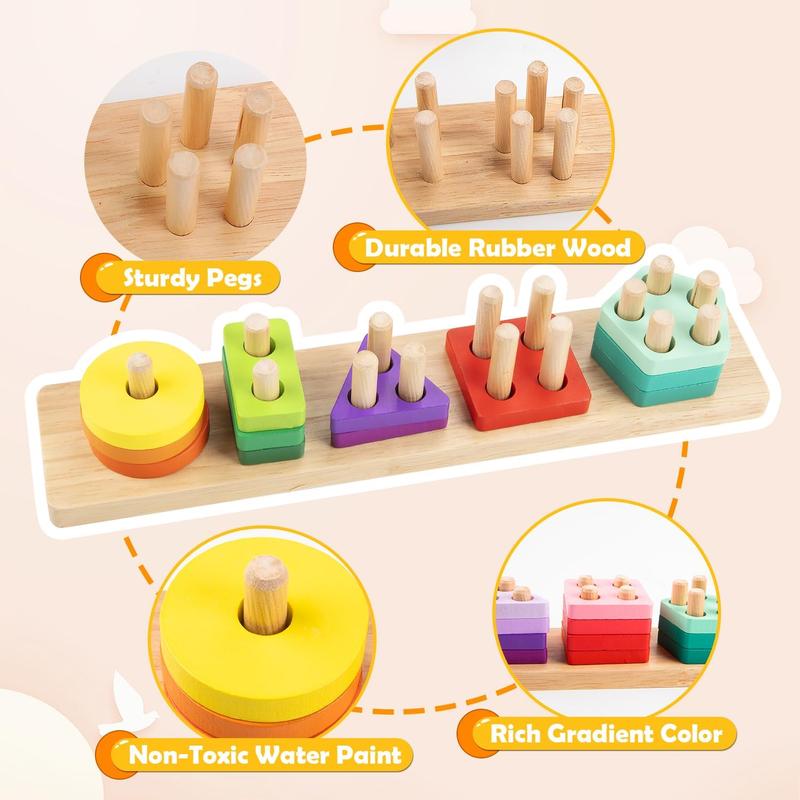 Montessori Toy Boy Girl, Wooden Blocks & Stacking Toys , Color Recognition Shape Sorter Educational Wooden Toys Preschool Learning Puzzle Gift