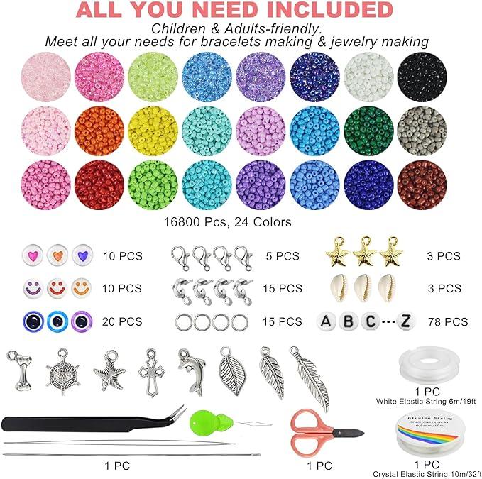 17000pcs 2mm Glass Seed Beads for Jewelry Making Kit, Small Beads Friendship Bracelets Making Kits, Tiny Waist Beads Kit with Letter Beads, DIY Art Craft Girls