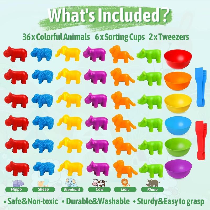 Counting Animal Toys Matching Game with Sorting Bowls, Preschool Learning Activities, Montessori Sensory Fine Motor Toys Set for Math Color Sorting