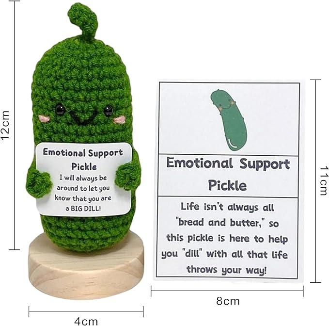 Handmade Emotional Support Pickle crochet doll with wooden base, perfect for table decor. Great Valentine's Day or birthday gift.