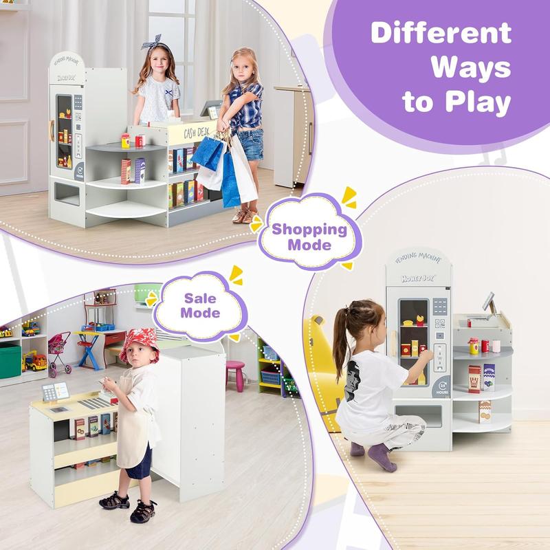 [ShopTab] Festival Joy Kids Grocery Store Playset, Wooden Supermarket Playset w Cash Register & Vending Machine Toy, Checkout Counter Stand, Grocery Store Pretend Play