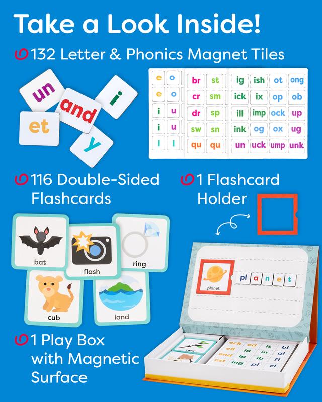 Phonics Magnets - Letter Blends and Alphabet Magnets - CVC Word Builder with Word and Picture Flash Cards