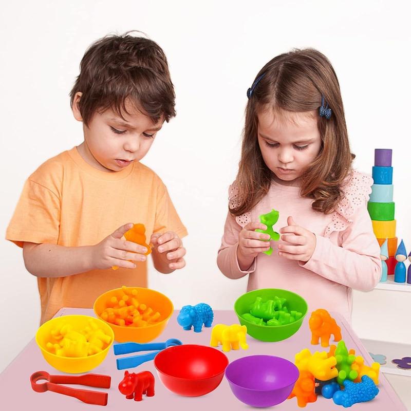 Counting Animal Toys Matching Game with Sorting Bowls, Preschool Learning Activities, Montessori Sensory Fine Motor Toys Set for Math Color Sorting