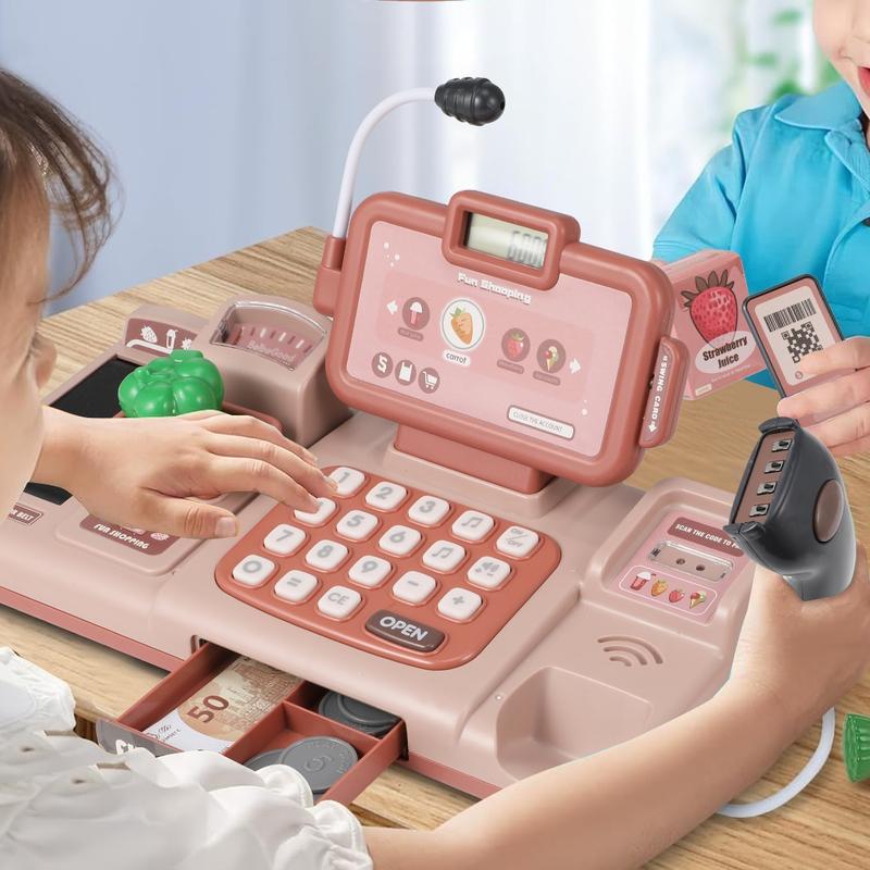 Cash Register Pretend Toy for Kids, Pretend Cash Register Playset with Scanner, Voice Recognition, Mobile Payment Function, Grocery Store Game Toys