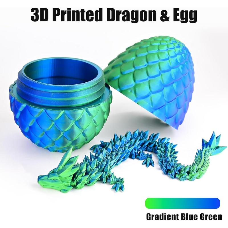 3D Printed Dragon with 3D Printed Dragon Eggs, Articulated 3D Dragon Toys, 3D Dragon Eggs with Dragon Inside, Crystal Dragon Blue Green