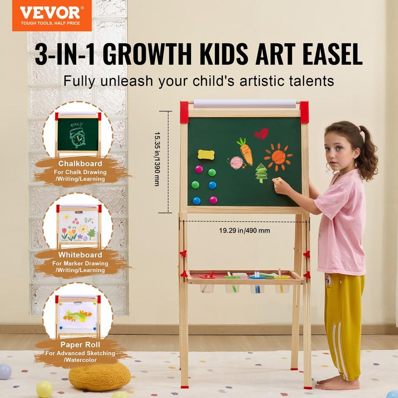 VEVOR 3-in-1 Kids Art Easel Double-Sided Wooden Magnetic Whiteboard Chalkboard