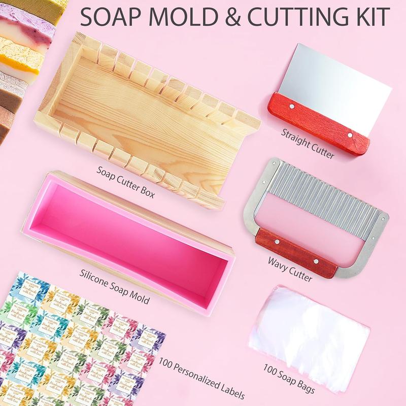 CraftZee Soap Mold and Cutting Kit with Soap Cutter, Silicone Mold with Wooden Box, Wavy and Straight Scraper, Personalized Labels and Plastic Bags