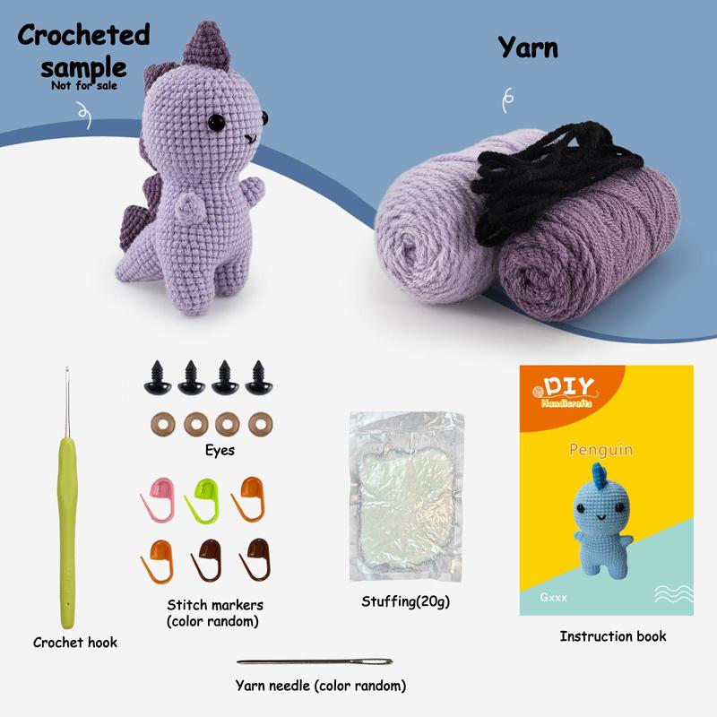 Mini Dinosaur Design Crochet Kit, Cute Dino Crochet Starter Kit for Beginners & Lovers, DIY Knitting Supplies Including Scissors, Crochet Hooks, Yarns, Colorful Crochet Stitches