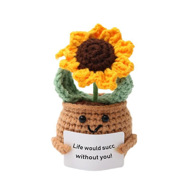 Positive Sunflower Crochet, Mini Handmade Emotional Support Knitted Toy with Encourage Card, Sunflower Plant Pot Decorations for Gift