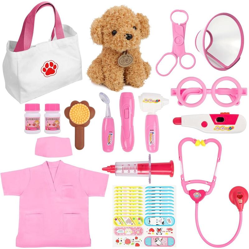 Liberry Doctor Kit for Toddlers 3 4 5 6 Years Old, 26 Pcs Kids Doctor Playset with Dog Toy, Stethoscope and Dress Up Costume, Pretend Play Medical Gift for Girls (Pink)