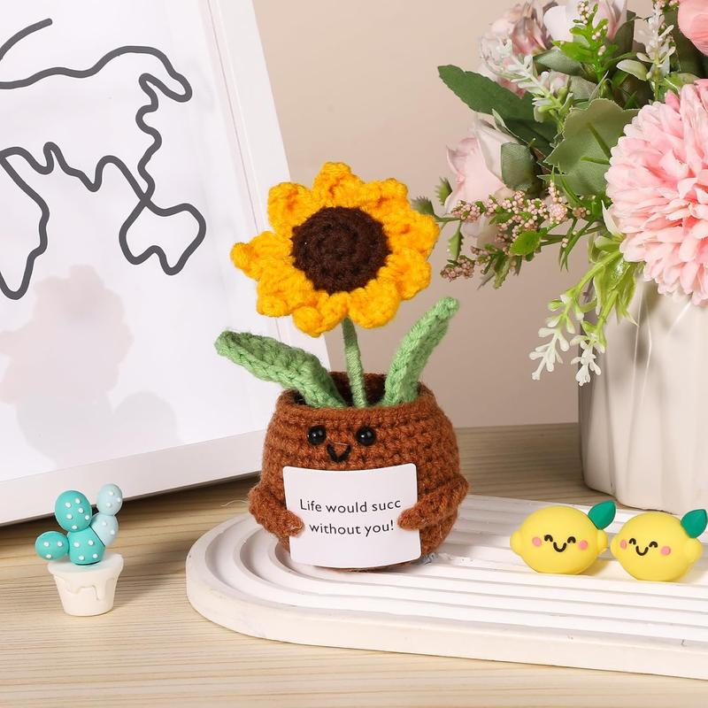 Positive Sunflower Crochet, Mini Handmade Emotional Support Knitted Toy with Encourage Card, Sunflower Plant Pot Decorations for Gift