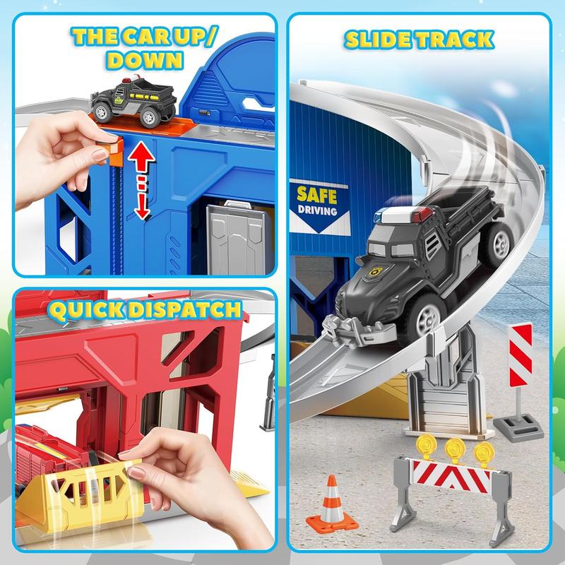 Kids Toys for 3 4 5 6 Years Old Boys, 29.5'' Large City Action Toddler Playset with Lights Sounds, Police & Fire Station Transform Track Toy with 4 Cars, Helicopter, Walkie-Talkie, Gifts for Boy Girl