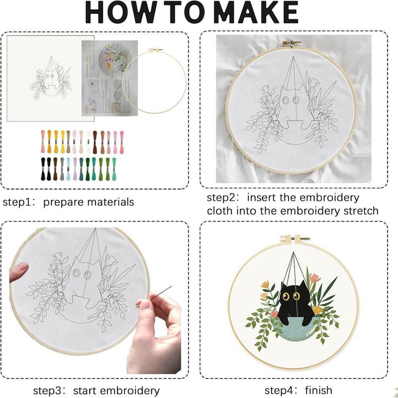 Room Decor Summer DIY Embroidery Kit, 1 Set Included 4 Cat & Plant Pattern Embroidery Cloth, 2 Embroidery Hoop, 6 Needle, 1 Threader, 1 Scissor, 38 Color Embroidery Floss