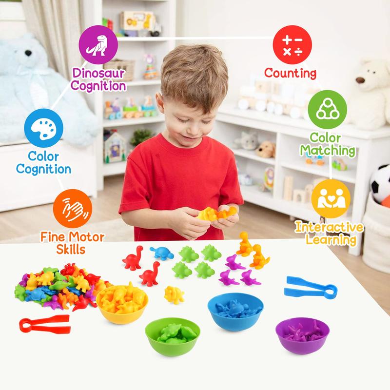 Counting Dinosaur Matching Toys with Sorting Bowls Montessori Preschool Educational Activities Learning Color Sorting Fine Motor Skills Sensory Toys Birthday Gift for 3 4 5 Year Old Boys Girls