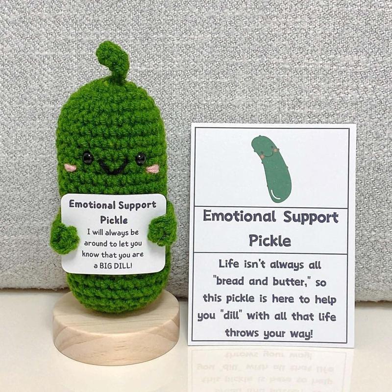 Handmade Emotional Support Pickle crochet doll with wooden base, perfect for table decor. Great Valentine's Day or birthday gift.