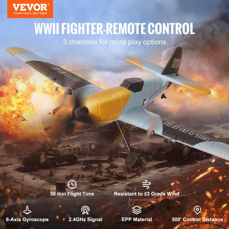 VEVOR RC Plane, 2.4GHZ 3 Channel Remote Control Airplane with 6-Axis Gyro Stabilizer, Ready to Fly Fighter Aircraft Plane Toy with 2 Batteries, Easy to Fly RC Glider for Adults Kids Beginners Boys Christmas gift