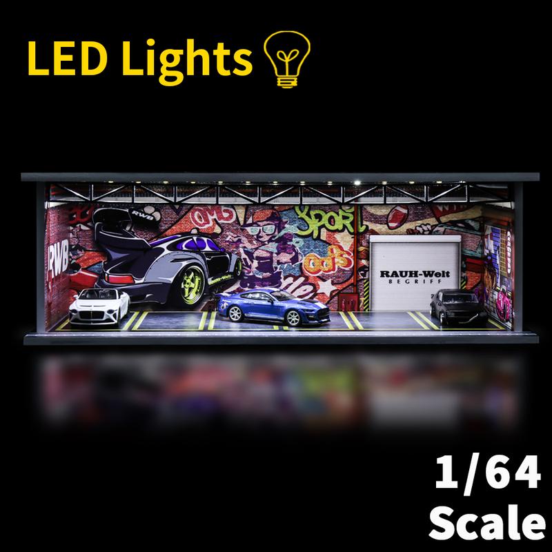 1 64 scale die-cast model car scenarios display case with LED light and Acrylic Cover, Scenes Parking lot diorama storage garage box with 6 Parking Spaces