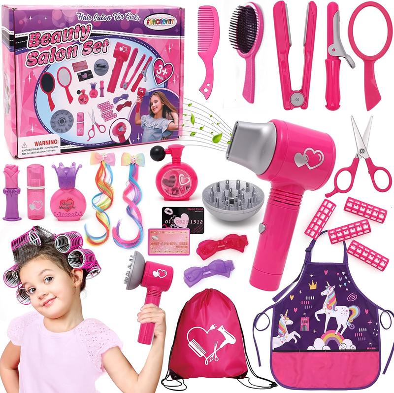 Christmas Hair Salon Toys for Girls Beauty Salon Set with Pretend Play Hair Salon Stylist Toy Kit with Barber Apron, Hair Dryer, Mirror, Scissors and Styling Accessories