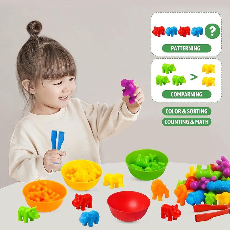 Counting Animal Toys Matching Game with Sorting Bowls, Preschool Learning Activities, Montessori Sensory Fine Motor Toys Set for Math Color Sorting