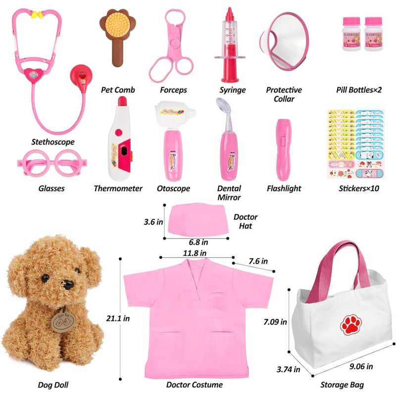 Liberry Doctor Kit for Toddlers 3 4 5 6 Years Old, 26 Pcs Kids Doctor Playset with Dog Toy, Stethoscope and Dress Up Costume, Pretend Play Medical Gift for Girls (Pink)