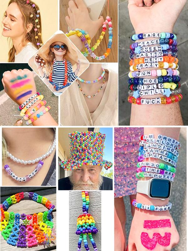 Colorful DIY Beads Kit, Including Pony Beads & Letter Print Beads, Bracelet Jewelry Making Kit, School Supplies Arts and Crafts for Kids Toys Birthday Gift