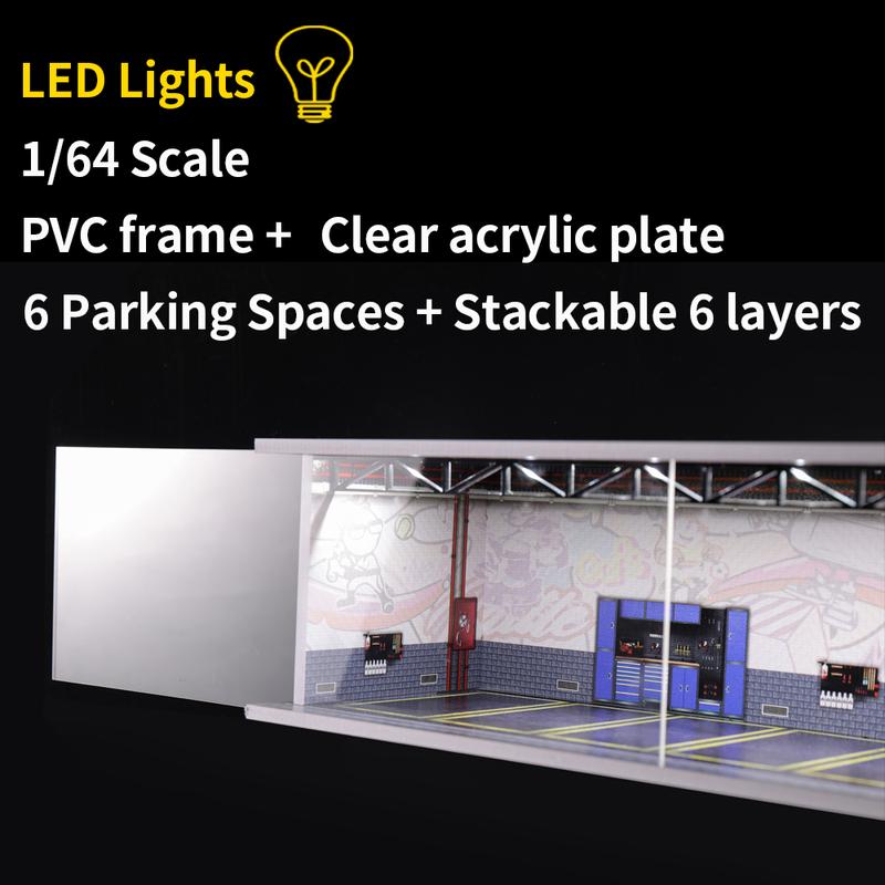 1 64 scale die-cast model car scenarios display case with LED light and Acrylic Cover, Scenes Parking lot diorama storage garage box with 6 Parking Spaces