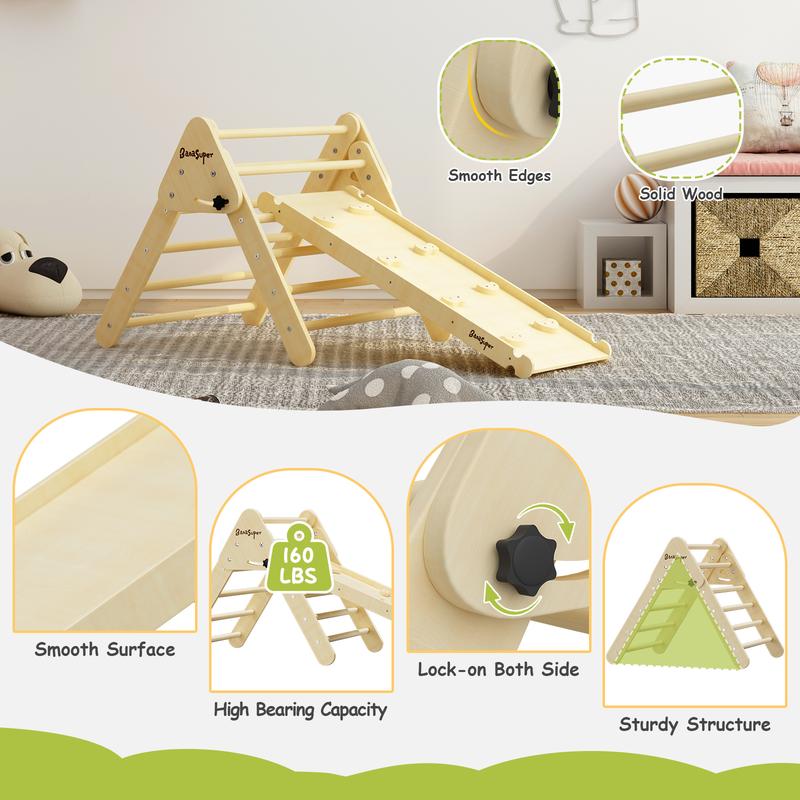 BanaSuper Colorful 3 in 1 Pikler Triangle Set with Ramp & Arch for Kids Foldable Climbing Triangle Ladder Wooden Triangle Climber Montessori Toddler Climbing Toys Outdoor Indoor Playground Play Gym