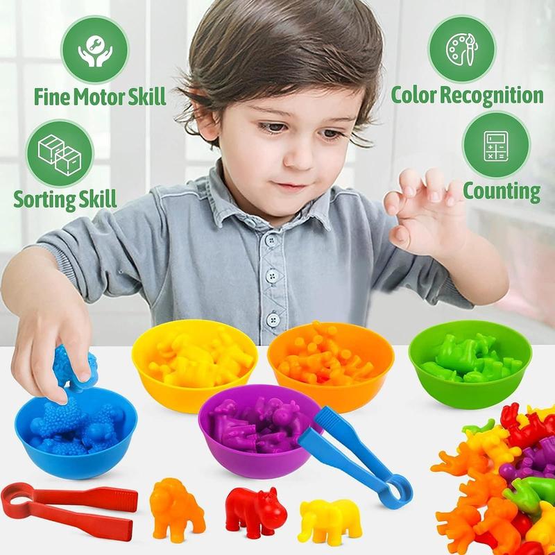 Counting Animal Toys Matching Game with Sorting Bowls, Preschool Learning Activities, Montessori Sensory Fine Motor Toys Set for Math Color Sorting