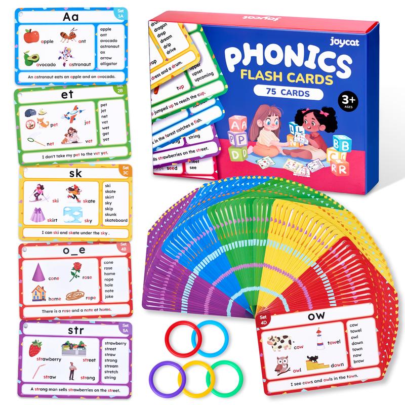 JoyCat 75 Pack Phonics Flash Cards, Learn to Read Alphabet and CVC Words in 25 Stages, Phonics Games Preschool Educational Learning Activities