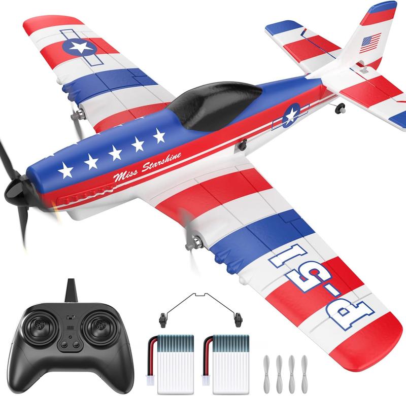 DEERC RC Plane 3 Channel P51D Mustang Remote Control Airplane, 2.4GHz 6-Axis Gyro Stabilizer RTF Glider Aircraft with 2 Batteries, Easy to Fly for Beginners