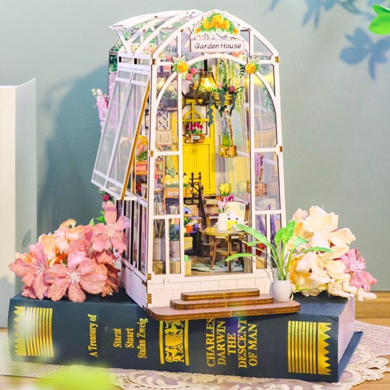 Garden House Design DIY Wooden Book Stand, 1 Box DIY Wooden Material Model, Micro Scale Scene 3D Building Hand Creative with Light, Festival Gift, Best Gift Toy