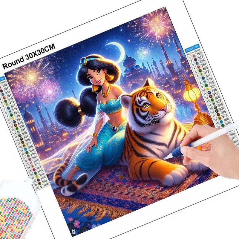 Princess Jasmine & Tiger Pattern DIY Diamond Arts Colorful Painting Kit without Frame, DIY 5D Diamond Arts Colorful Painting for Bedroom Home Wall Decor