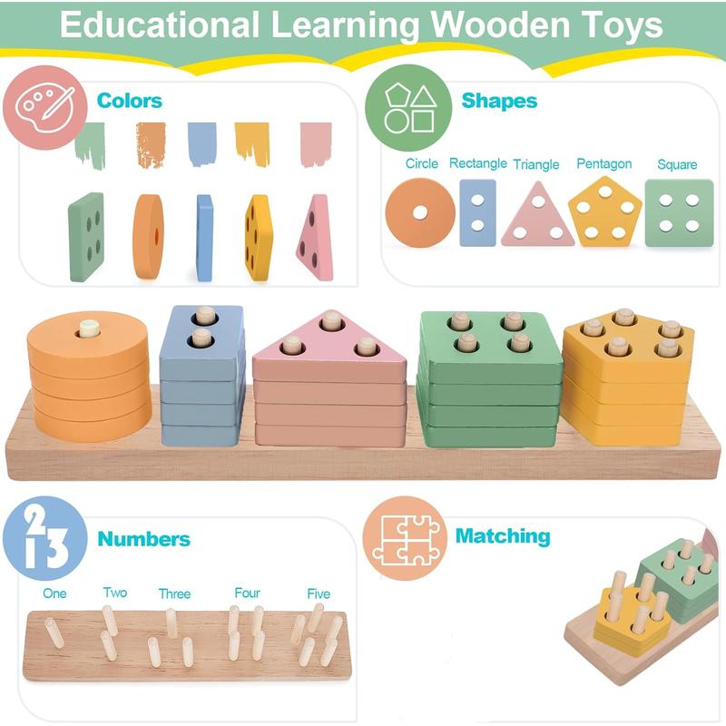 Montessori Wooden Sorting and Stacking Toys, Preschool Fine Motor Skill Toy, Ideal Gift for Boys Girls