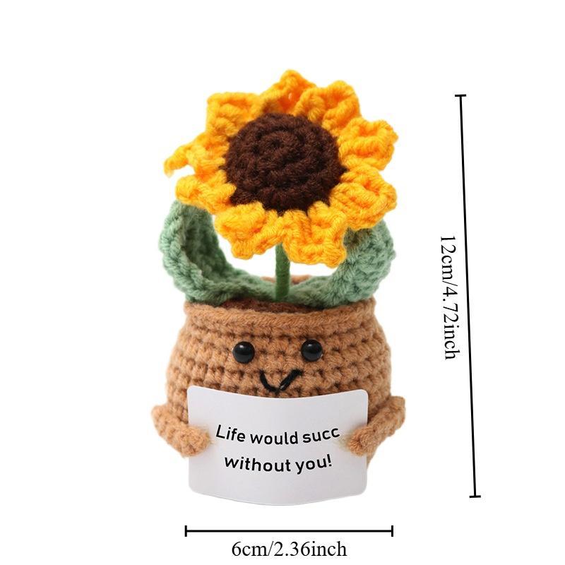 Positive Sunflower Crochet, Mini Handmade Emotional Support Knitted Toy with Encourage Card, Sunflower Plant Pot Decorations for Gift