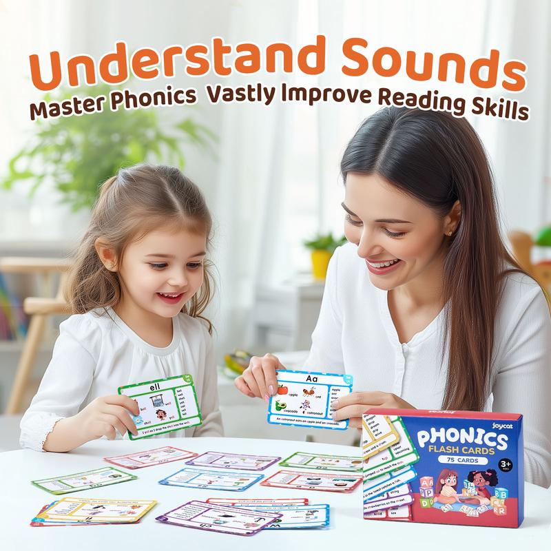 JoyCat 75 Pack Phonics Flash Cards, Learn to Read Alphabet and CVC Words in 25 Stages, Phonics Games Preschool Educational Learning Activities